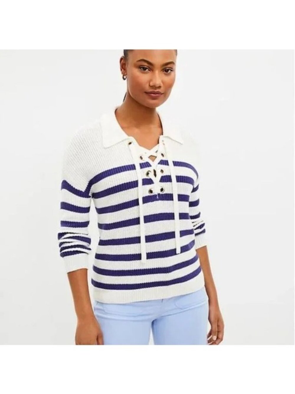 LOFT Polo Sweater XS Striped Lace Up Long Sleeve White Blue Soft Cozy Nautical